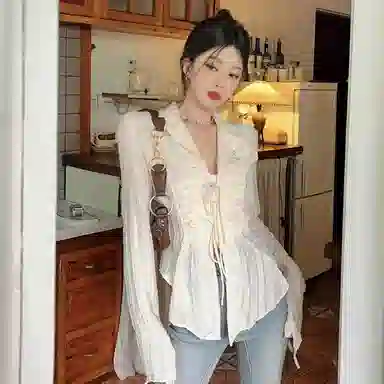 JUFU V-Neck Long Sleeve Shirt Beige