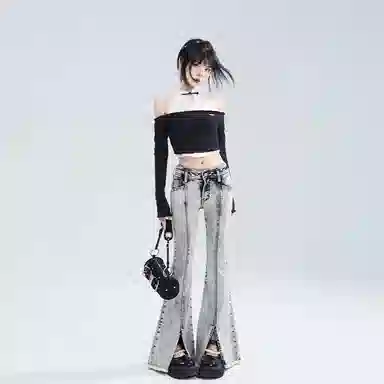 JUFU Vintage High-Waist Flared Jeans Gray