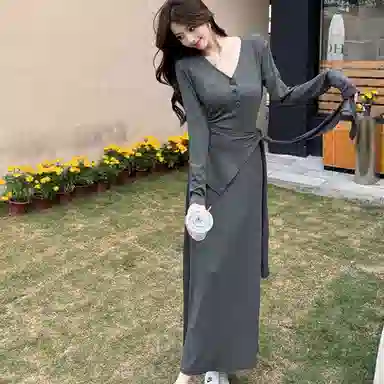 JUFU V-Neck Dress Charcoal Gray