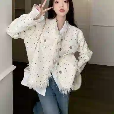 桴生 美式温柔小香风提花高级感短款时尚潮流彩色波点流苏宽松高级感长袖日常休闲百搭上衣截短外套 女款 杏色