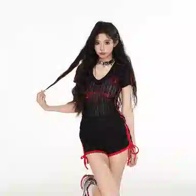 JUFU Colorblock Lace V-Neck Tee