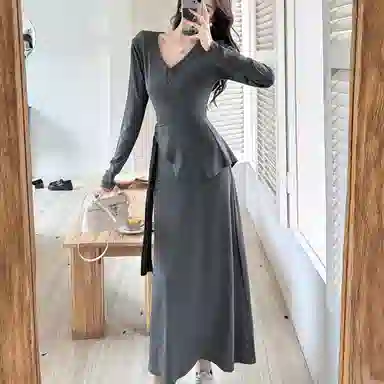 JUFU V-Neck Dress Charcoal Gray