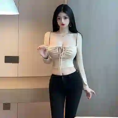 JUFU V-Neck Long Sleeve Tee Beige