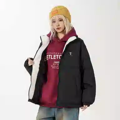 鸭鸭 美式高街复古字母数字图案印花简约设计基础款潮流拼接休闲宽松无性别主义户外撞色保暖防寒防风运动通勤立领面包羽绒服 男女同款