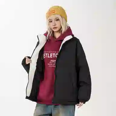 鸭鸭 基础款简约韩系解构袋口字母印花图案设计感运动休闲山系户外通勤撞色防风防寒宽松柔软百搭舒适保暖立领面包羽绒服 男女同款