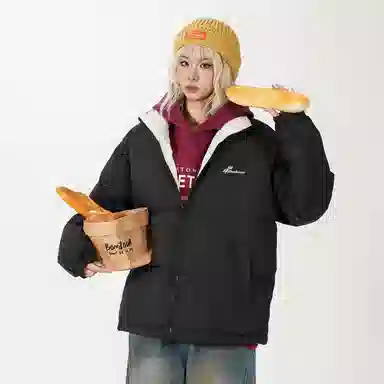 鸭鸭 美式字母基础款简约撞色拼接创意设计高级氛围感潮流户外撞色防风防寒休闲宽松百搭通勤无性别主义保暖立领面包羽绒服 男女同款