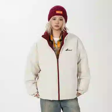 鸭鸭 美式字母基础款简约撞色拼接创意设计高级氛围感潮流户外撞色防风防寒休闲宽松百搭通勤无性别主义保暖立领面包羽绒服 男女同款