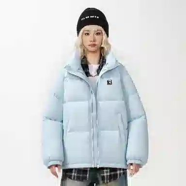 鸭鸭 美式高街复古字母数字图案印花简约设计基础款潮流拼接休闲宽松无性别主义户外撞色保暖防寒防风运动通勤立领面包羽绒服 男女同款