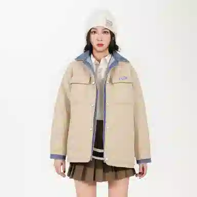 鸭鸭 牛仔翻领绗缝设计保暖外套时尚撞色百搭款拼接户外冬季长袖羽绒服 男女同款