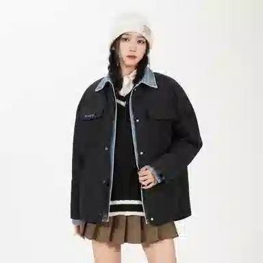 鸭鸭 牛仔拼接翻领撞色保暖防风宽松百搭潮流外套冬季羽绒服 女款