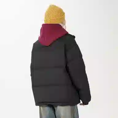 鸭鸭 美式高街复古字母数字图案印花简约设计基础款潮流拼接休闲宽松无性别主义户外撞色保暖防寒防风运动通勤立领面包羽绒服 男女同款