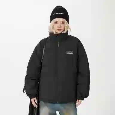 鸭鸭 美式高街复古条纹字母图案印花简约解构设计基础款休闲宽松舒适柔软潮流户外撞色保暖防寒防风运动通勤立领面包羽绒服 男女同款