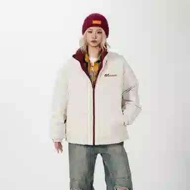 鸭鸭 舒适纯色拉链开合落肩长袖短款羽绒服 男女同款