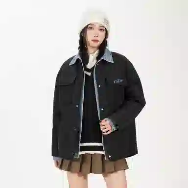 鸭鸭 牛仔翻领绗缝设计保暖外套时尚撞色百搭款拼接户外冬季长袖羽绒服 男女同款