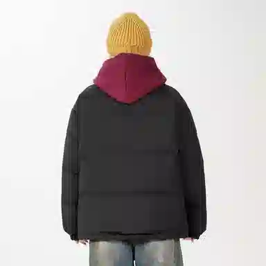 鸭鸭 基础款简约韩系解构袋口字母印花图案设计感运动休闲山系户外通勤撞色防风防寒宽松柔软百搭舒适保暖立领面包羽绒服 男女同款