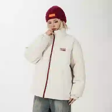 鸭鸭 美式高街复古条纹字母图案印花简约解构设计基础款休闲宽松舒适柔软潮流户外撞色保暖防寒防风运动通勤立领面包羽绒服 男女同款