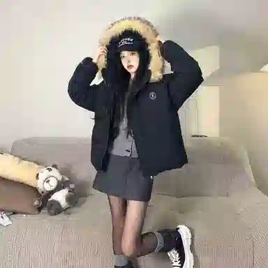 鸭鸭 美式复古风潮流可拆卸毛领加厚棉服短款版型耐磨面料保暖舒适时尚拉链学院风连帽外套显瘦潮流无性别宽松百搭长袖羽绒服 男女同款