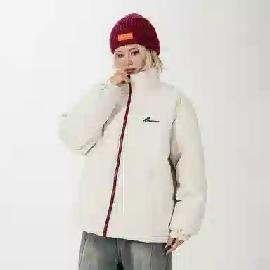 鸭鸭 美式字母基础款简约撞色拼接创意设计高级氛围感潮流户外撞色防风防寒休闲宽松百搭通勤无性别主义保暖立领面包羽绒服 男女同款