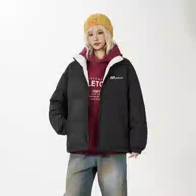 鸭鸭 舒适纯色拉链开合落肩长袖短款羽绒服 男女同款