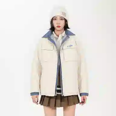 鸭鸭 牛仔翻领绗缝设计保暖外套时尚撞色百搭款拼接户外冬季长袖羽绒服 男女同款