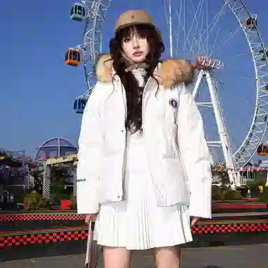 鸭鸭 美式复古风潮流可拆卸毛领加厚棉服短款版型耐磨面料保暖舒适时尚拉链学院风连帽外套显瘦潮流无性别宽松百搭长袖羽绒服 男女同款