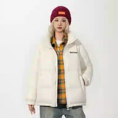 鸭鸭 基础款简约字母印花设计感青少年户外运动防风防水宽松休闲百搭舒适柔软立领高街面包保暖冬季羽绒服 男女同款