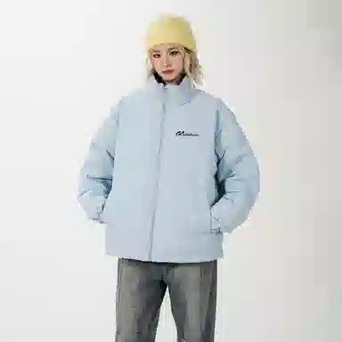 鸭鸭 舒适纯色拉链开合落肩长袖短款羽绒服 男女同款