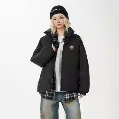 鸭鸭 美式纯色简约宽松休闲防风防寒保暖加厚鸭绒立领双面穿羽绒服 男女同款