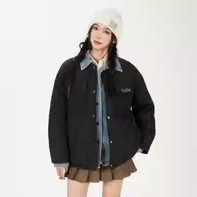 鸭鸭 牛仔翻领绗缝设计保暖外套时尚撞色百搭款拼接户外冬季长袖羽绒服 男女同款