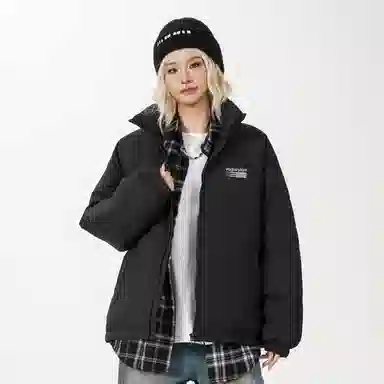 鸭鸭 美式高街复古条纹字母图案印花简约解构设计基础款休闲宽松舒适柔软潮流户外撞色保暖防寒防风运动通勤立领面包羽绒服 男女同款