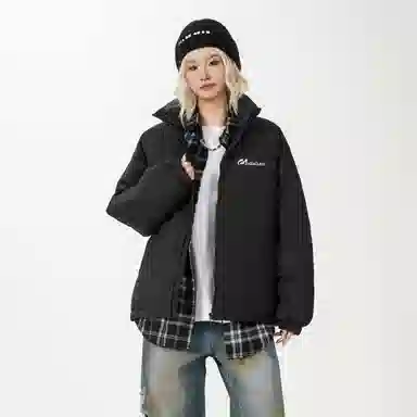 鸭鸭 舒适纯色拉链开合落肩长袖短款羽绒服 男女同款