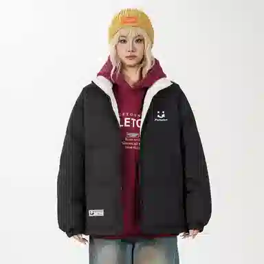 鸭鸭 创意笑脸字母刻字膜简约时尚设计运动休闲美式复古潮流户外撞色立领防风防寒宽松舒适百搭通勤保暖羽绒服 男女同款