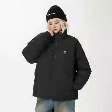 鸭鸭 美式高街复古字母数字图案印花简约设计基础款潮流拼接休闲宽松无性别主义户外撞色保暖防寒防风运动通勤立领面包羽绒服 男女同款