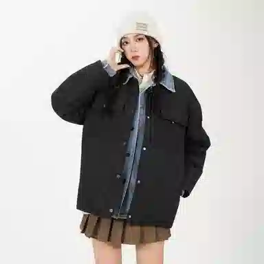 鸭鸭 牛仔拼接翻领撞色保暖防风宽松百搭潮流外套冬季羽绒服 女款