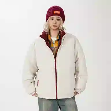 鸭鸭 基础款简约韩系解构袋口字母印花图案设计感运动休闲山系户外通勤撞色防风防寒宽松柔软百搭舒适保暖立领面包羽绒服 男女同款