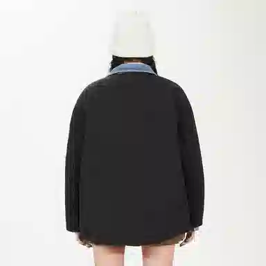 鸭鸭 牛仔拼接翻领撞色保暖防风宽松百搭潮流外套冬季羽绒服 女款