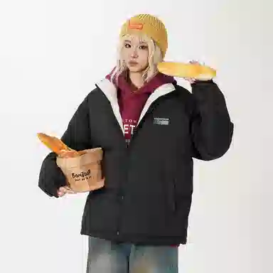 鸭鸭 美式高街复古条纹字母图案印花简约解构设计基础款休闲宽松舒适柔软潮流户外撞色保暖防寒防风运动通勤立领面包羽绒服 男女同款