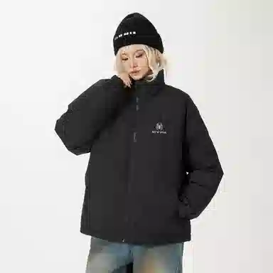 鸭鸭 美式高街潮牌蜘蛛字母图案简约时尚设计休闲宽松舒适柔软潮流户外撞色保暖防寒防风无性别主义运动通勤立领羽绒服 男女同款