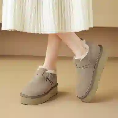 牛反绒 简约时尚加绒厚底圆头纯色保暖 及踝 雪地靴 女款