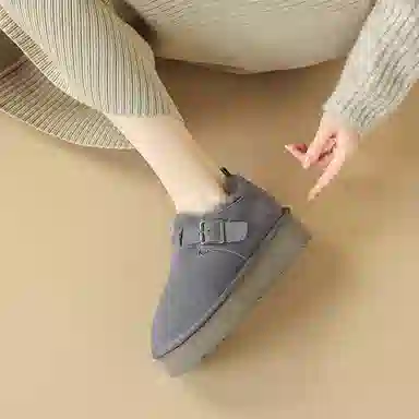 牛反绒 简约时尚加绒厚底圆头纯色保暖 及踝 雪地靴 女款