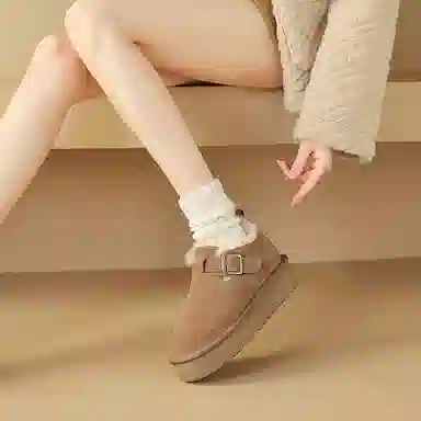 牛反绒 简约时尚加绒厚底圆头纯色保暖 及踝 雪地靴 女款