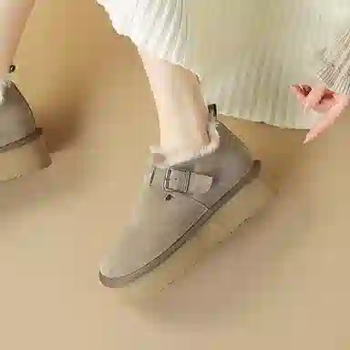 牛反绒 简约时尚加绒厚底圆头纯色保暖 及踝 雪地靴 女款