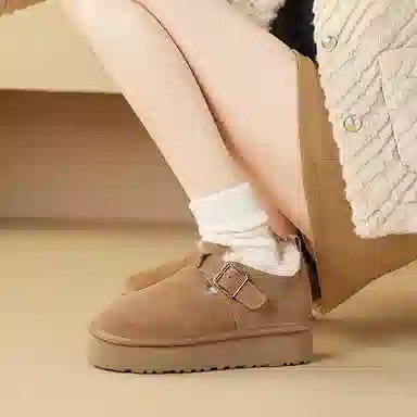 牛反绒 简约时尚加绒厚底圆头纯色保暖 及踝 雪地靴 女款