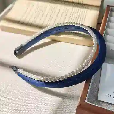 蒙妮 小清新蓝色牛仔双层仿珍珠 布艺 发箍 女款