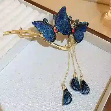 蒙妮 超仙刺绣双生蝶流苏扭扭 合金 发夹 女款