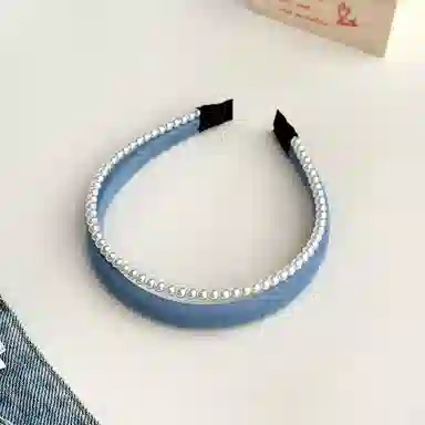 蒙妮 小清新蓝色牛仔双层仿珍珠 布艺 发箍 女款