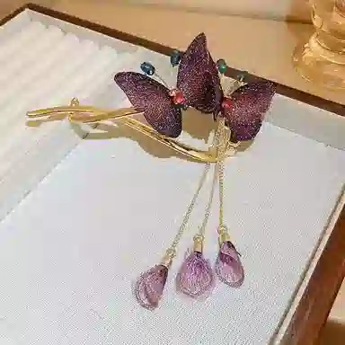 蒙妮 超仙刺绣双生蝶流苏扭扭 合金 发夹 女款