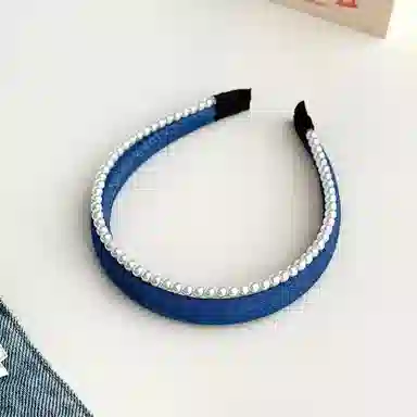 蒙妮 小清新蓝色牛仔双层仿珍珠 布艺 发箍 女款