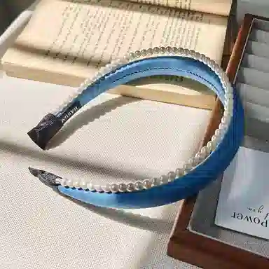 蒙妮 小清新蓝色牛仔双层仿珍珠 布艺 发箍 女款