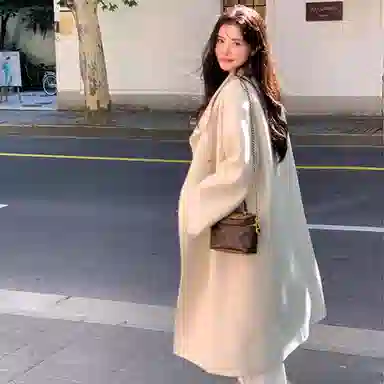 桴生 韩系时尚舒适纯色羊毛长款双排扣领设计感通勤慵懒风毛呢大衣 女款